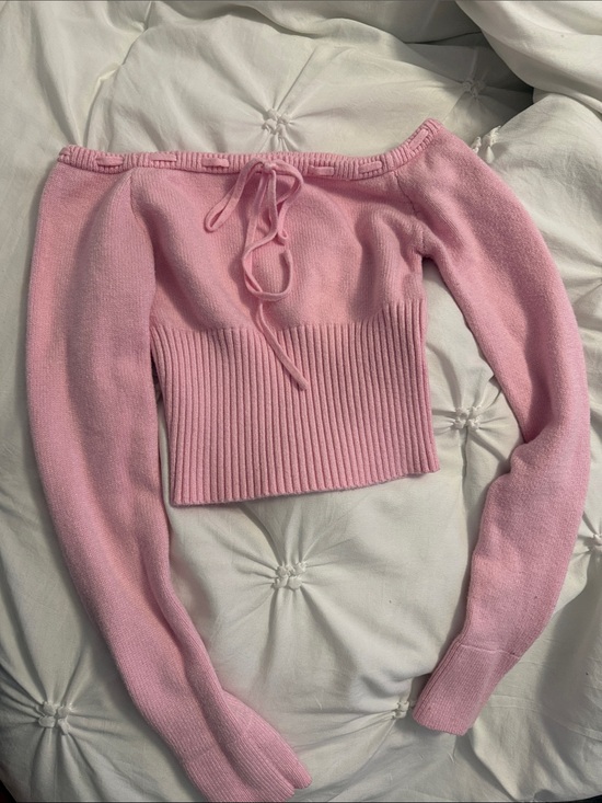 Sweaters - Off-Shoulder Boat Neck Pink Cropped Knit Sweater